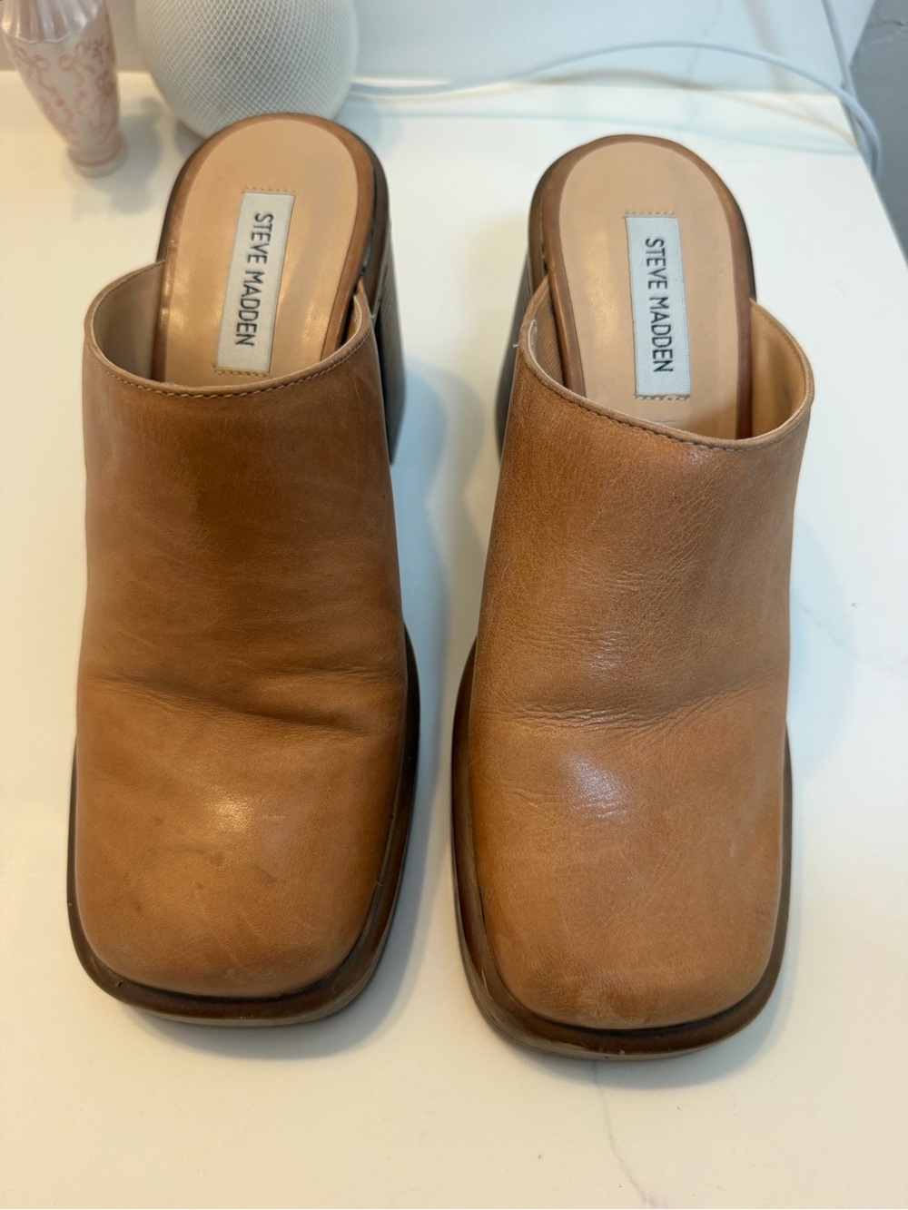 Steve Madden Flute Leather Platform Mule Clogs Tan Brown Block Heel Size 8.5